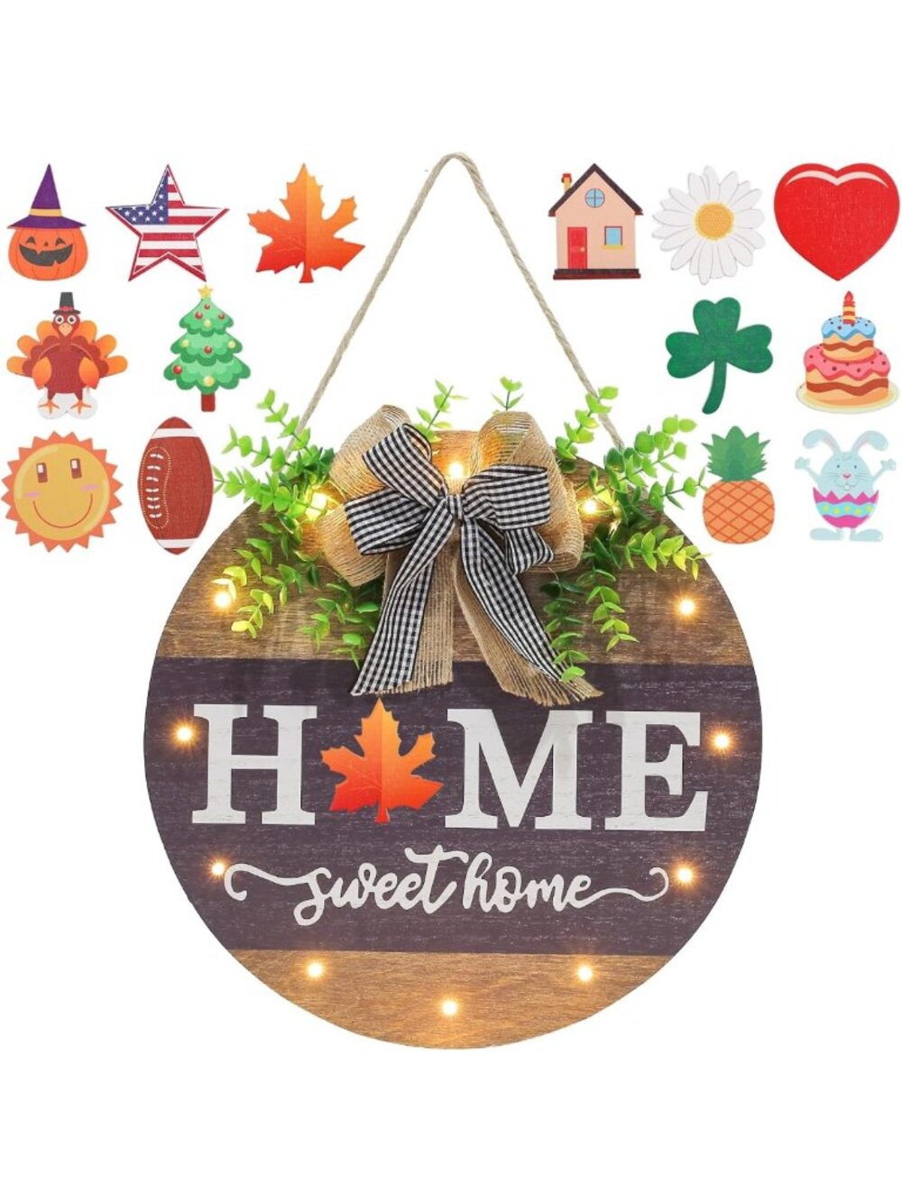 Interchangeable Welcome Sign with 14 Icons & LED Lights - Rustic Farmhouse Decor